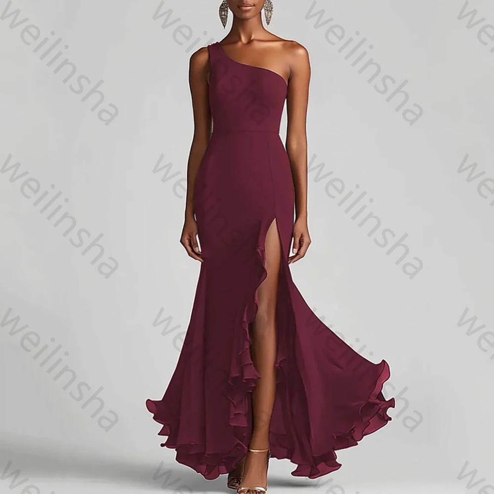 Zeemeermin een schouder chiffon avondjurken mouwloze ruches lange jurk prachtige hoge kwaliteit sexy prom feestjurk op maat