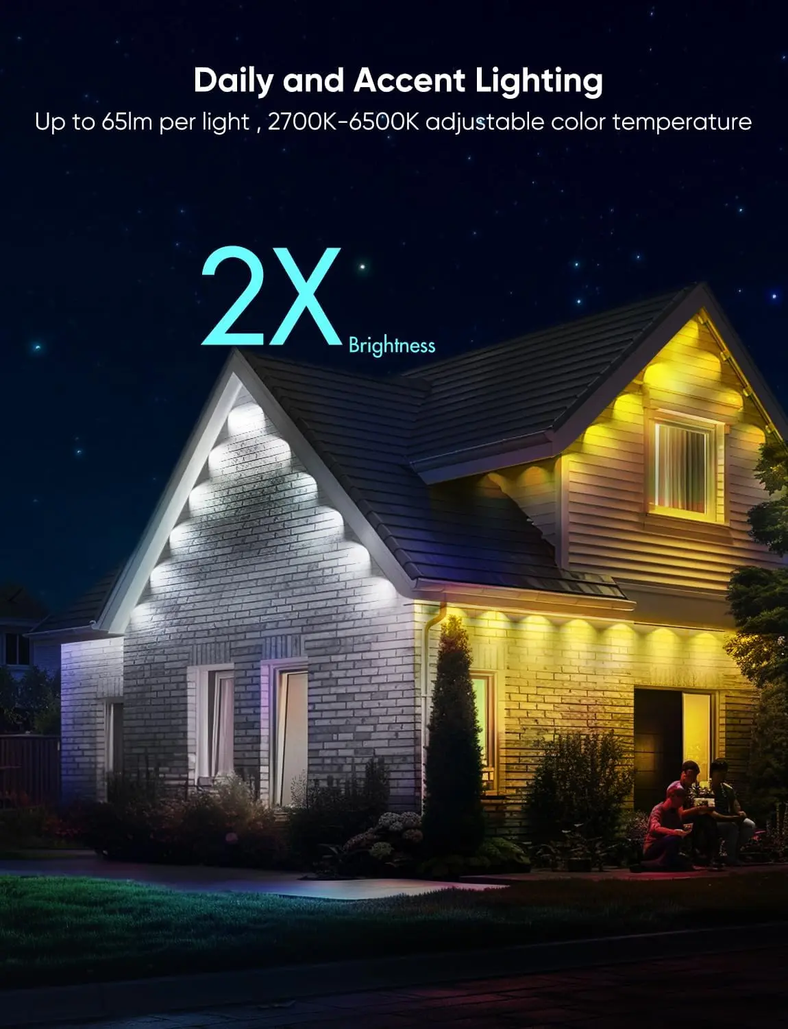 Lights Pro 200ft, RGBCW Smart Eaves Lights with 144 LED Lights, Dual Lens, Cuttable, 111 Scene Modes, IP67