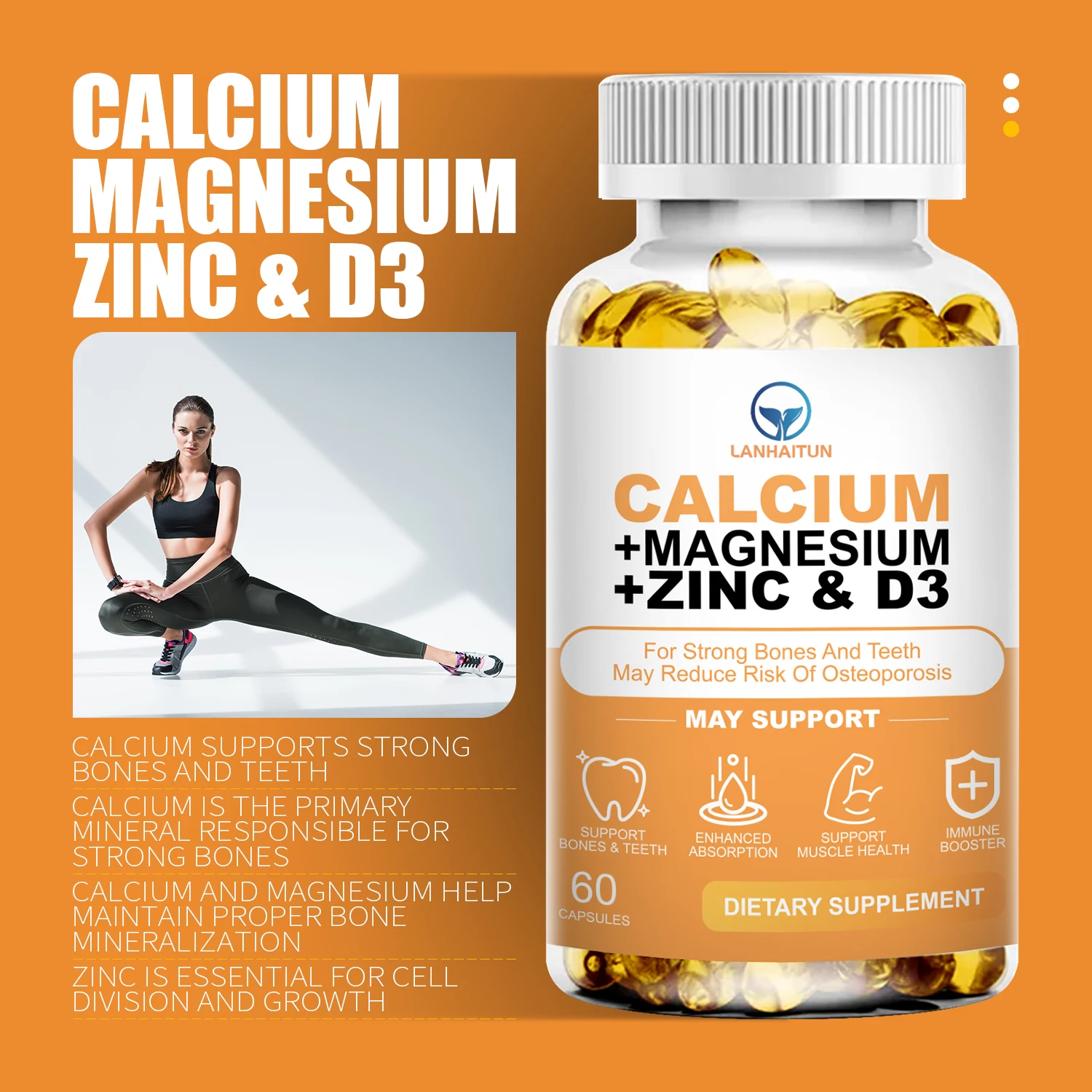 LANHAITUN Calcium Magnesium Zinc Capsule 1555mg - Vitamin/Mineral Mixed Supplement - with Vitamin D3, for Bones & Teeth Care