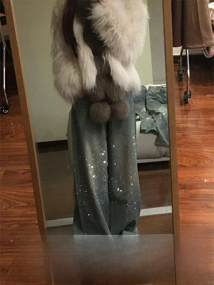 

Flashy Loose Floor-Length Wide Leg Jeans Women's Summer Slimming High Waist Denim Pants Sparkling Drill Detailing Sexy Trendy