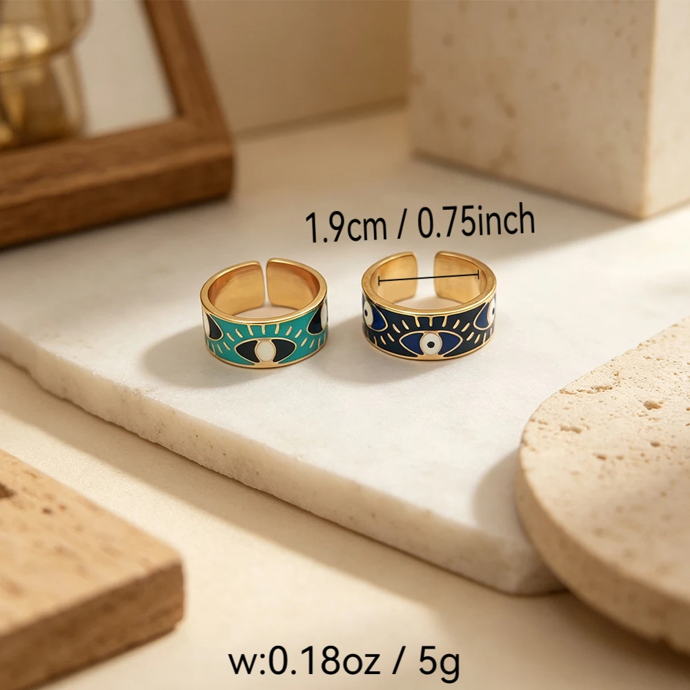 Colorful Enamel Devil's Eye Wide Open Ring Three-Piece Set Pink, Green, and Black Adjustable Women's Decorative Ring Set