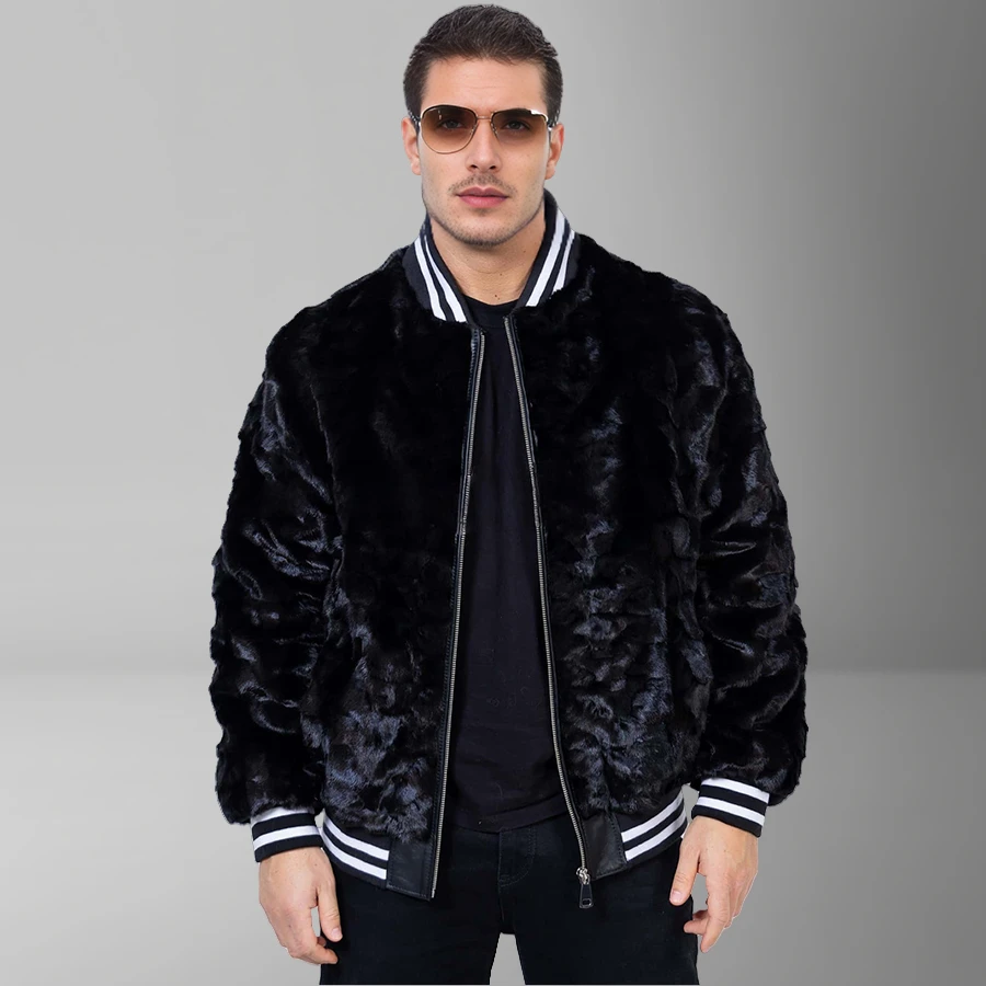 Natural Mink Fur Jacket With High Collar Men's Winter Fur Coat Black Short Fur Zippered Bomber Jacket High Quality Real Fur Coat