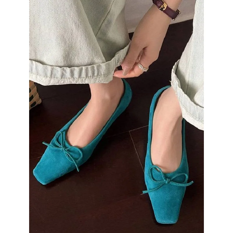 

French Retro Square Toe High-heeled Shoes Women, Thick Heels, Bow Ties, Shallow Mouth Ballet Single Shoes
