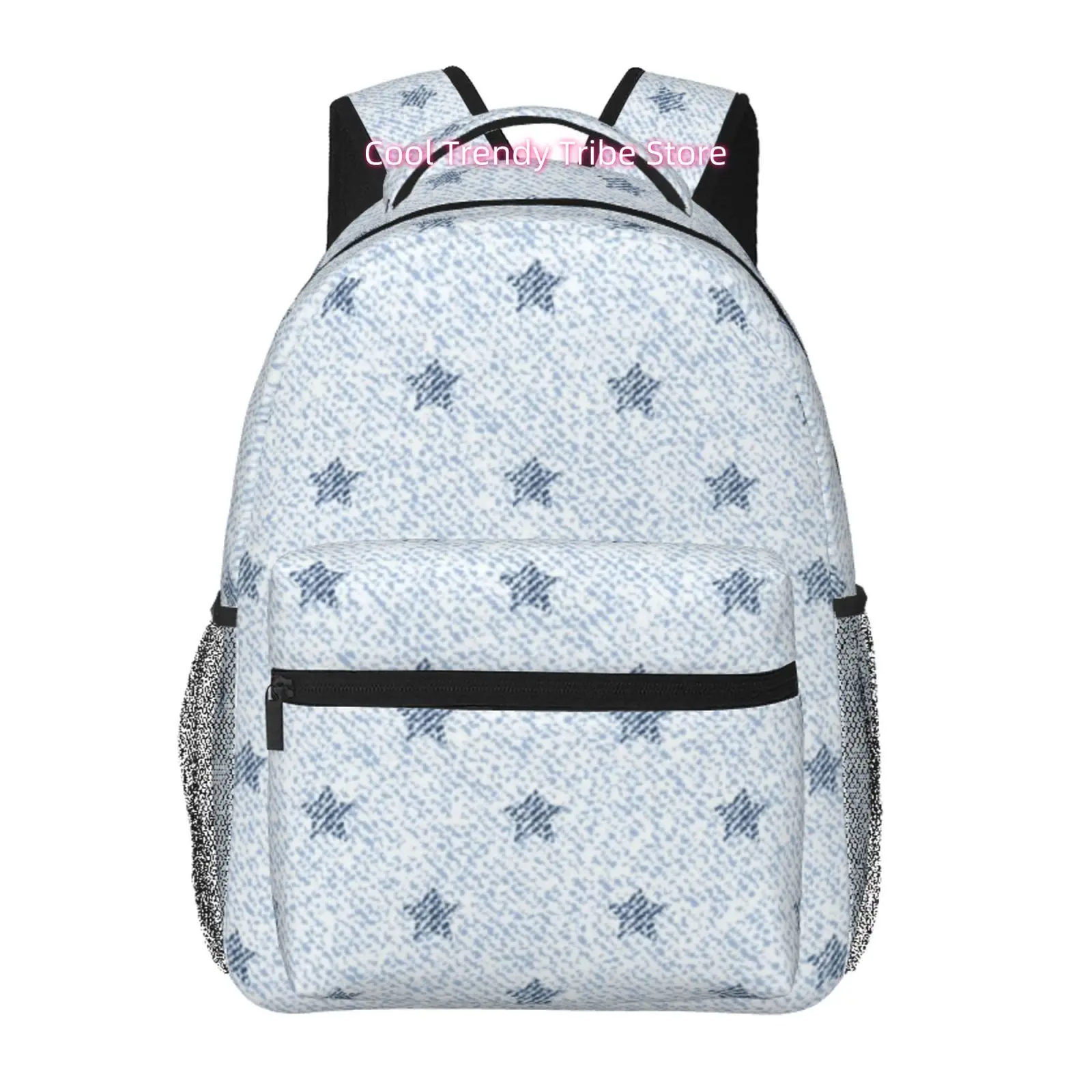 Faux Denim Style Blue Star Print Backpack, Oxford Cloth Casual Daypack, Adjustable Straps, for Women Travel, Outdoor& Daily Use