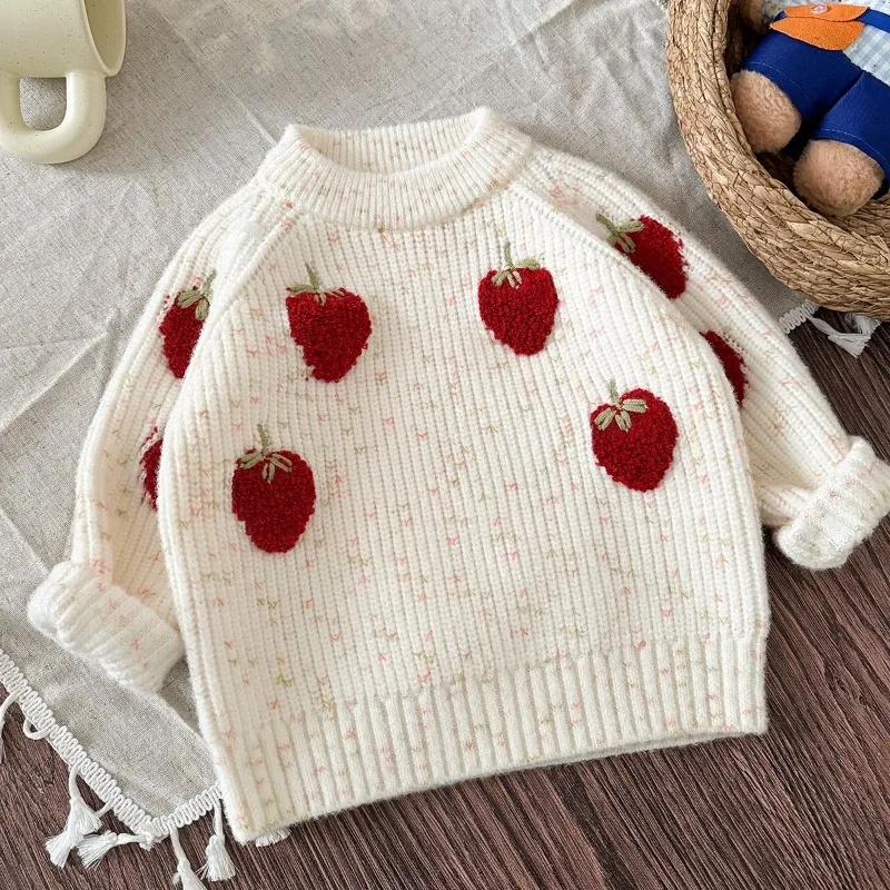 New Strawberry Handmade Crochet Colored Yarn Autumn and Winter Pullover Thickened Foreign Style Knitted Sweater Baby Sweater