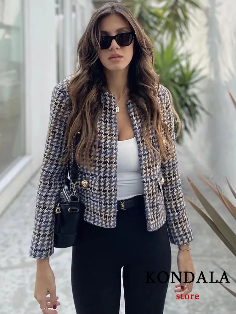 

KONDALA Office Lady 2022 Plaid Short Blazer Women Long Sleeve O Neck Single Button Pockets Office Lady Jackets Elegant Tops