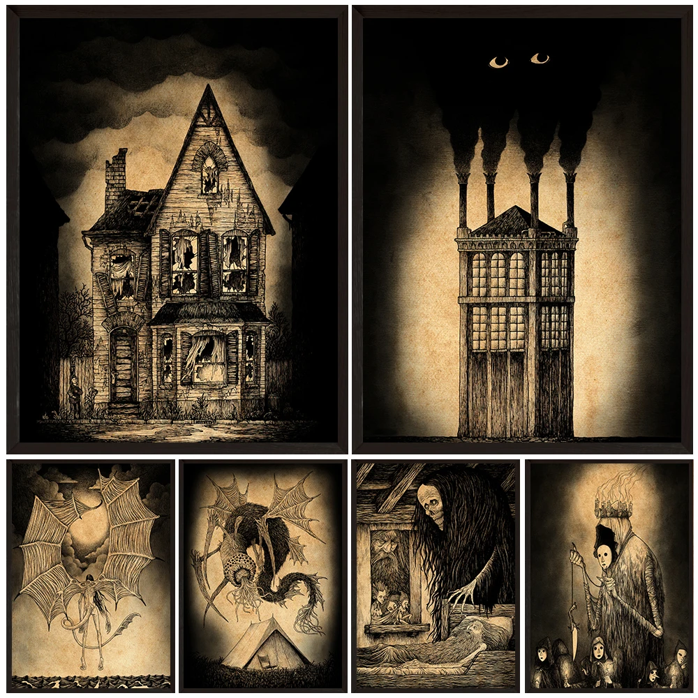 

The Horrible Creatures In Devil Town,Vintage Wall Art Canvas Print, Witch And Nightmare Monster, Abstract Art Poster Print Decor