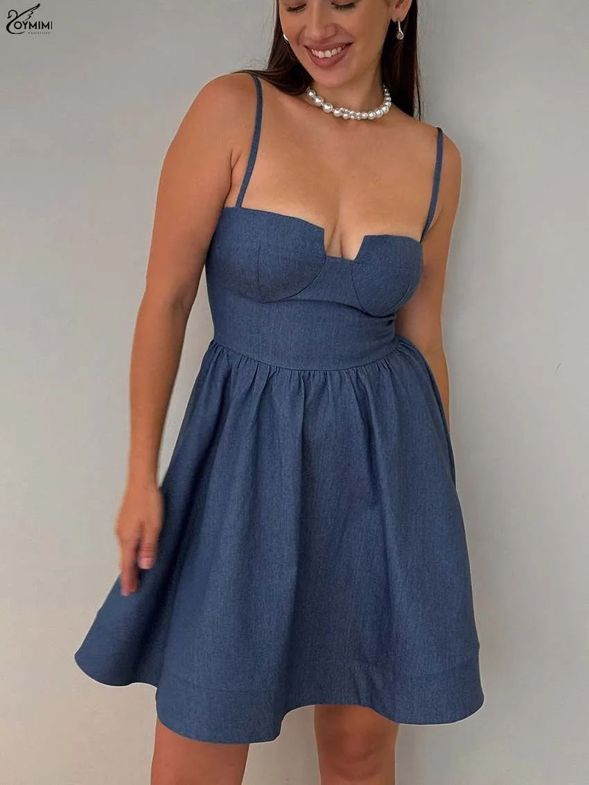 

Oymimi Casual Blue Denim Womens Dresses Summer New Spaghetti Strap Zipper Square Neck Dresses Fashiion High Waist Mini Skirts