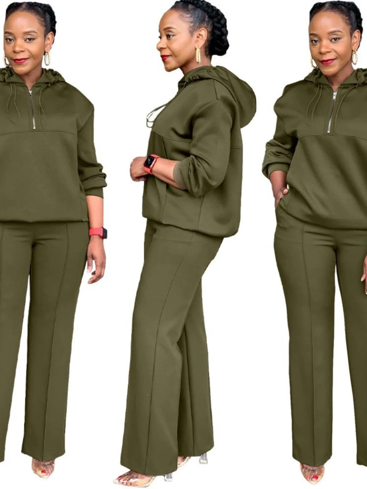 

Loose Fit Color Blo Hoodie Set for Women Pure Color Long Sve V-Ne f Zipper Two-Piece Faionable Casual Outfit