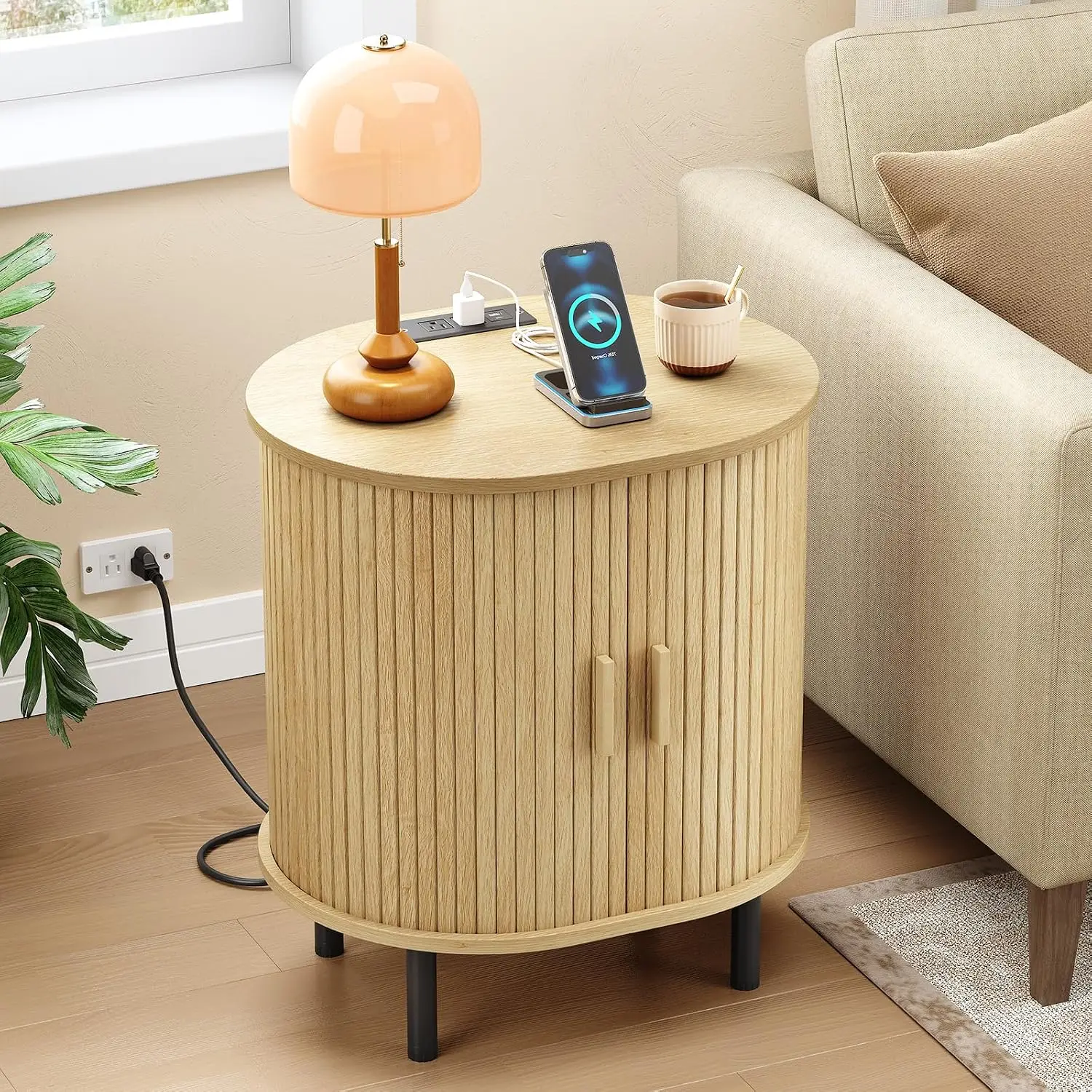 Oval Side Table with Charging Station & Sliding Door, Oak Wood, 2-Pack, Customized