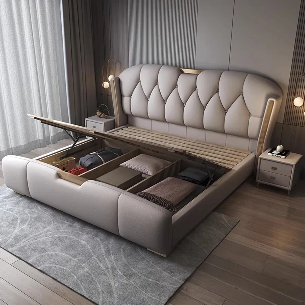 

Upholstered Modern Bed Headboard Fancy Minimalist Nightstands Lounge Sleeping Bed Two Persons Letto Matrimoniale Furnitures