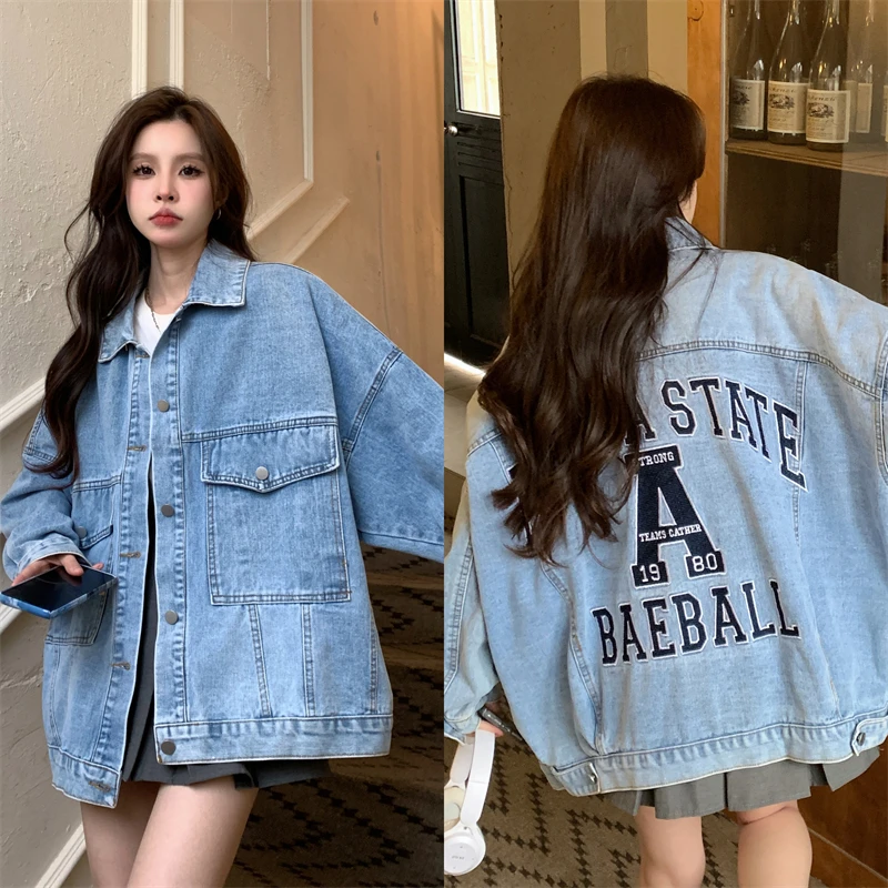 Spring Fashion Korean Style Sweet  Patchwork Embroidery Long Sleeve Single Breasted All-match Women Denim Shirts  Tops Z161