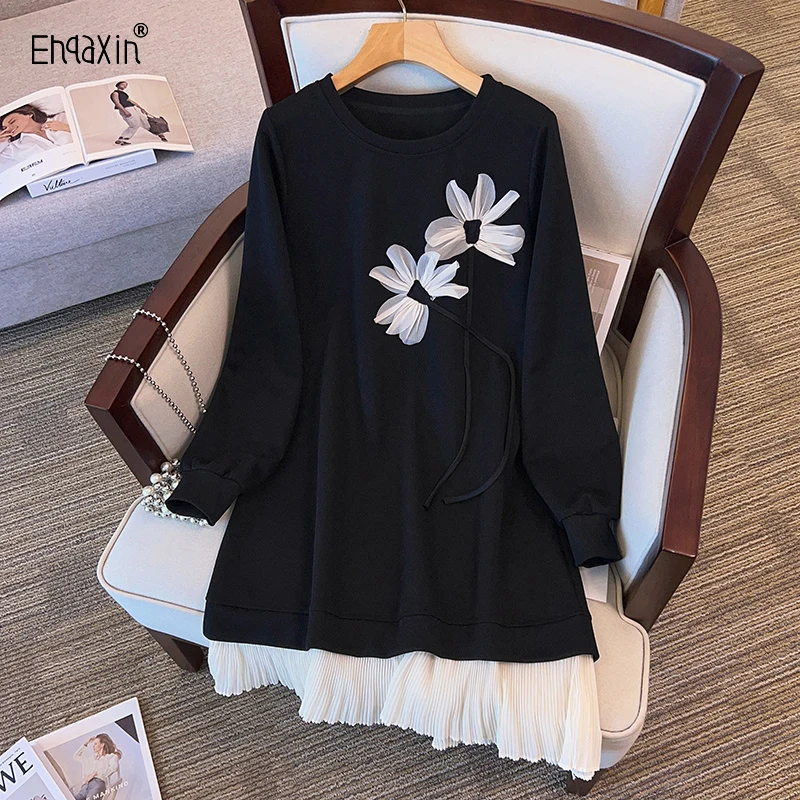 

EHQAXIN Women Long Sleeve Loose Sweater Dress Autumn 2024 Fashion Handmade Flower Splicing Pleated Midi Dresses For Ladies S-3XL