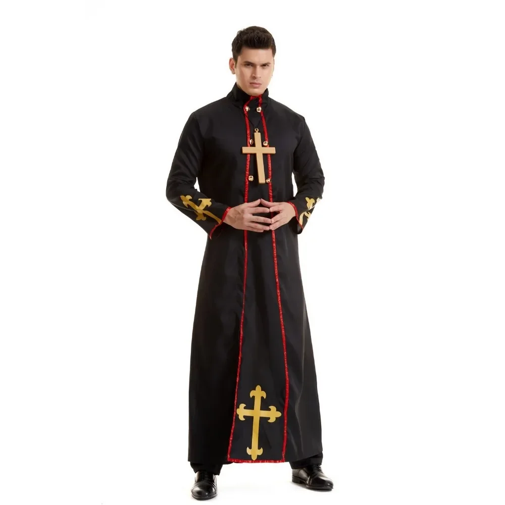 Disfraz de Terror malvado para hombre, traje negro de personaje de Terror, disfraz de mago y sacerdote, para actuación en escenario de Halloween