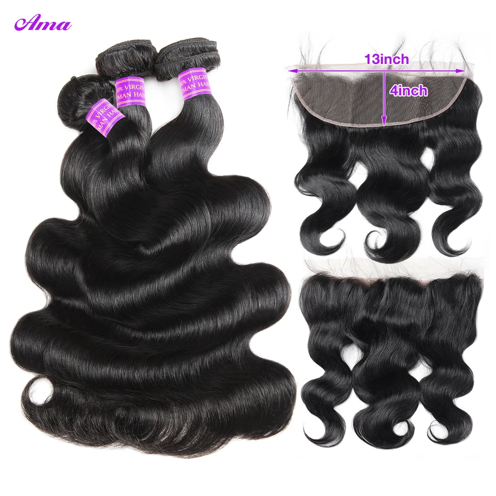 28 30Inch Body Wave Human Hair Bundles with  Frontal Peruvian Hair Bundles with Frontal  Remy 100% Human Hair Extension