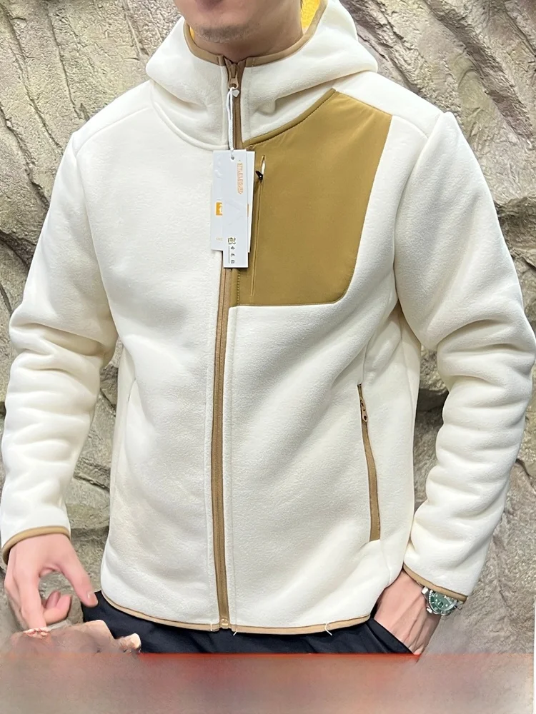 

Men's Outdoor Hooded Jaet Fce Lined Lamb Fur Inner Stand Fit Long Sve Zipper Closure Warmth Thiened Autumn Winte...