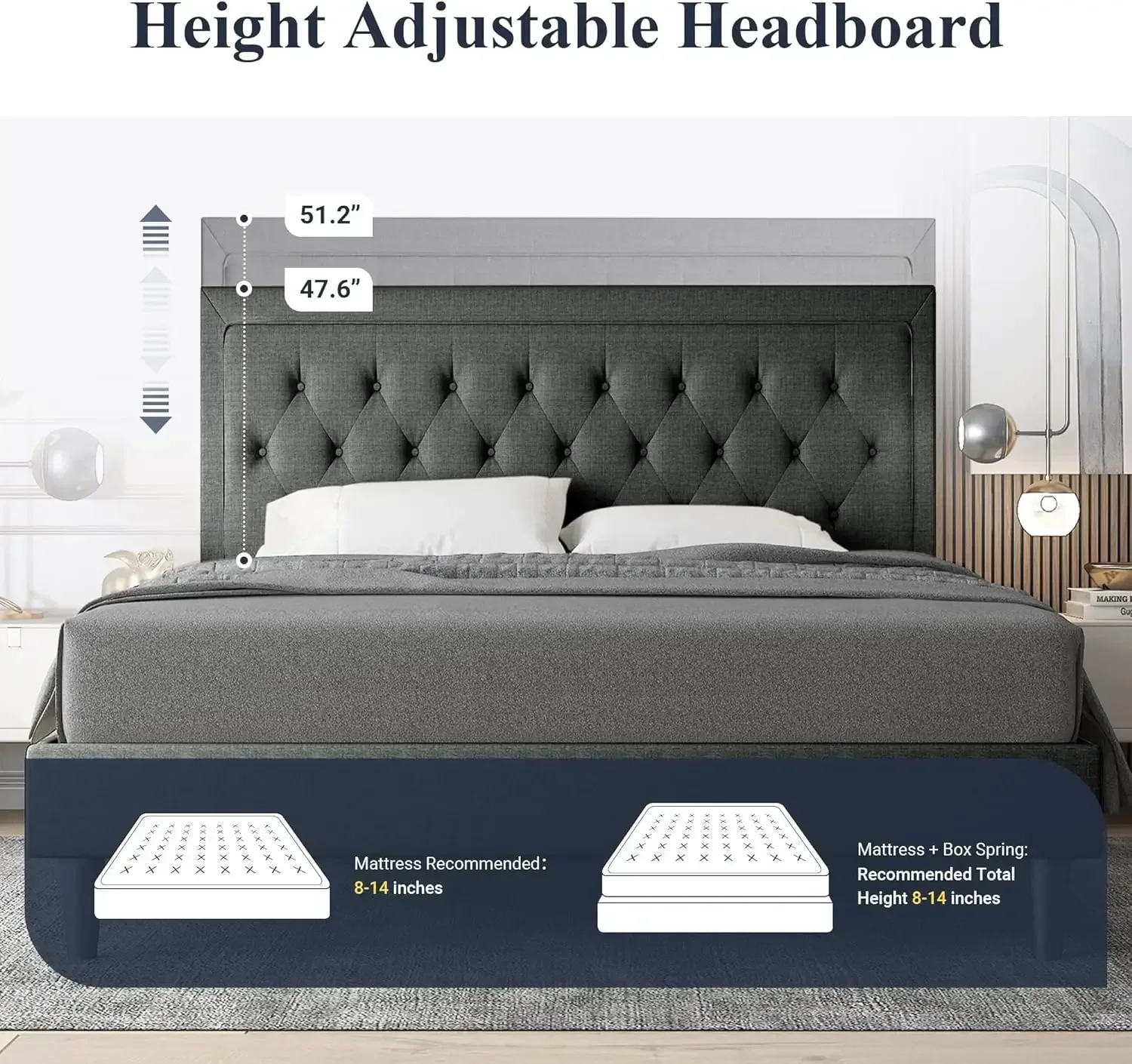 Allewie King Size Platform Bed Frame/Fabric Upholstered Bed Frame with Diamond Button Tufted Headboard/Adjustable