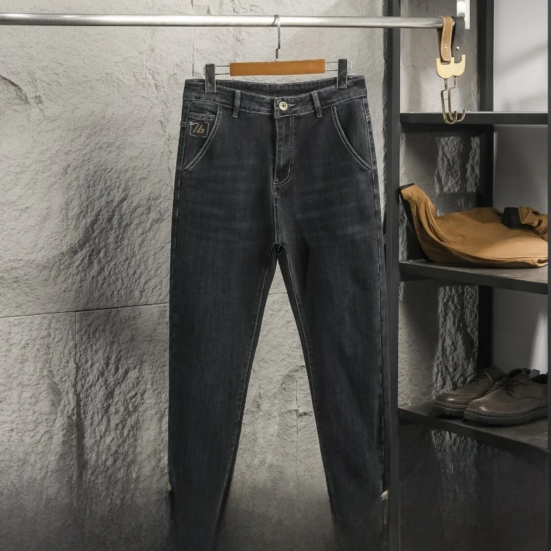 

Модные повседневные мужские эластичные джинсы из хлопка, полиэстера и лиоцелла со средней посадкой, стрейчевые, осенние, новые, универсальные