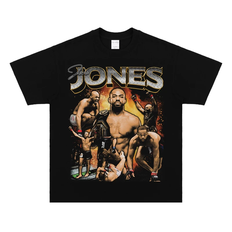 Bone Jones Jones Short Sleeve T-shirt UFC Portrait Print Top Fighting Hiphop Vintage Small Neckline Pure Cotton High Quality