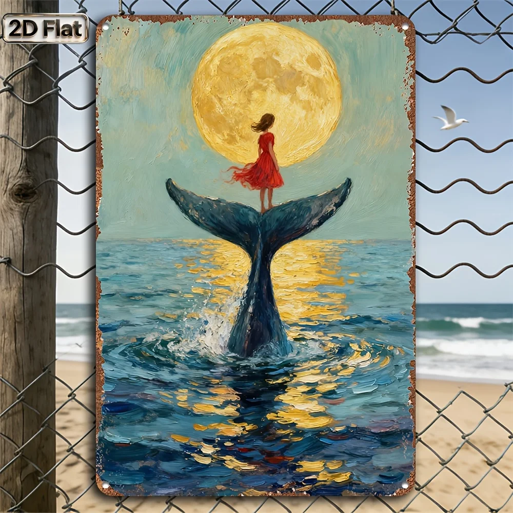 2D Flat, 2D Flat, 2D Flat - 1pc Vintage Whale Tail And Girl in a Moonlit Setting Metal Sign, Artistic Wall Art Poster for Hom