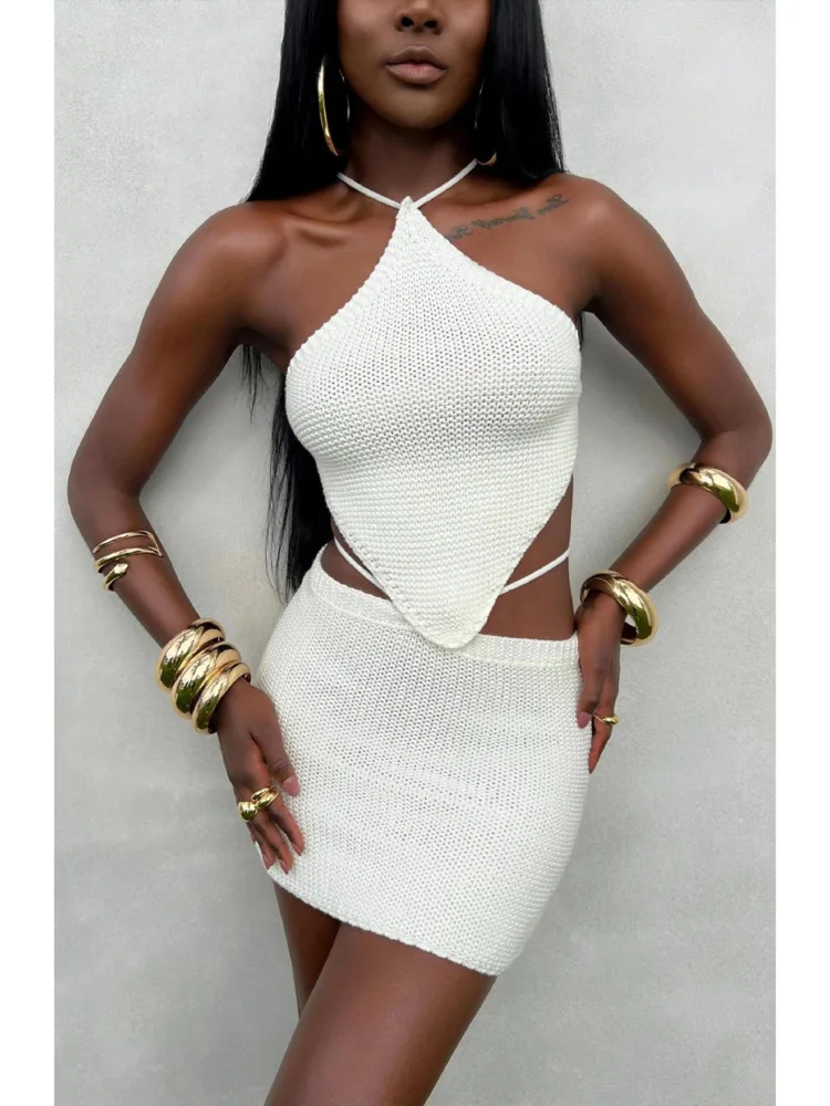 Articat Sexy Knitted Women Two Piece Set Hanging Collar Backless Vest CropTop Slim Fit Mini Skirt Set Charming Beach Party Suit