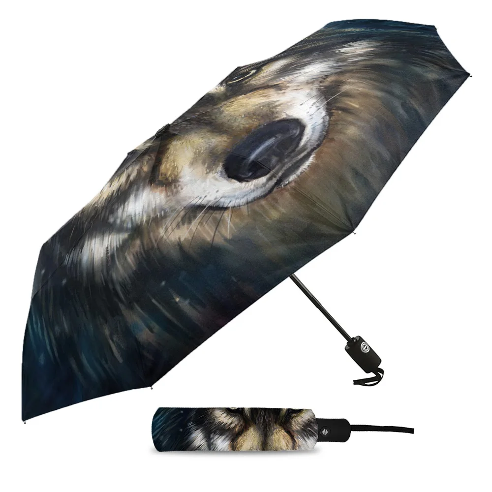 Animal Art Wolf Head Plush Print Women Men Rain Umbrella Three Folding Girl Durable Portable Automatic Umbrellas Gift Parasol