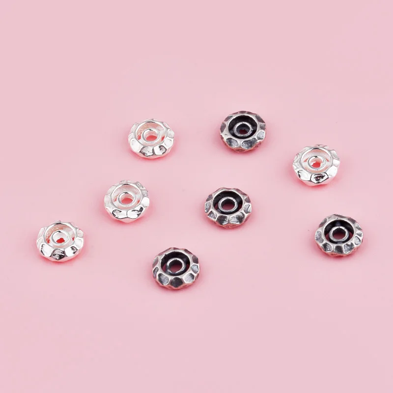 S925 pure silver raised and recessed hammer-pattern round partition wheel bead flat bead DIY red string bracelet accessory