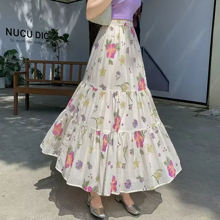 Korejpaa Women Skirt 2025 Summer New Korean Style High Waist Elastic Midi Skirts Outwear Casual Floral Printed Ruched Clothes