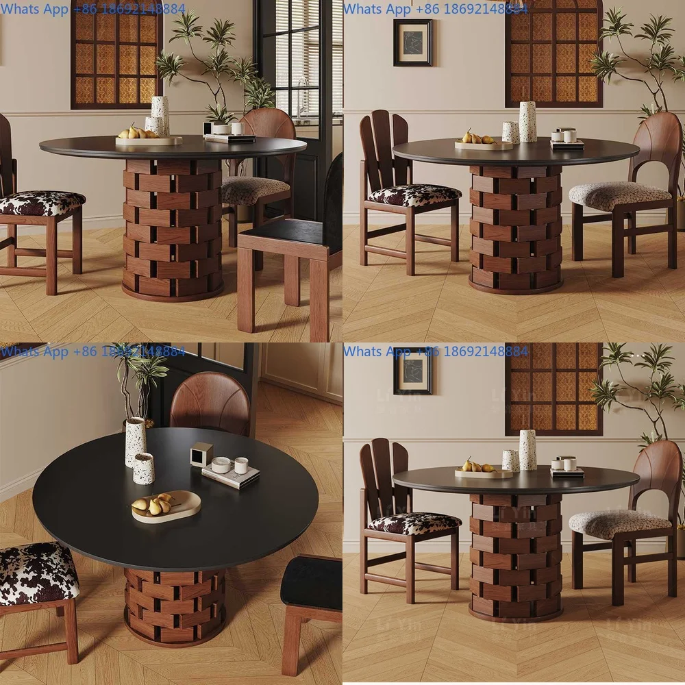 Round Black Stone Dining Table for Home Use Small Space French Vintage Style Solid Wood Kitchen Table