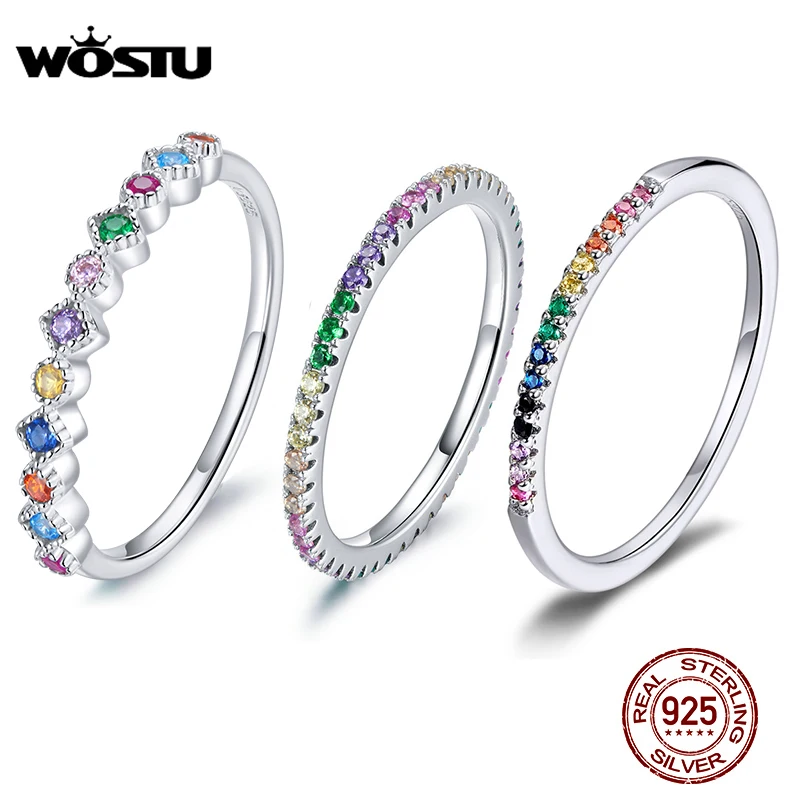 

2021 WOSTU Colorful Zircon Ring 925 Sterling Silver Ring Rainbow Finger Rings For Women Elegant Silver Jewelry