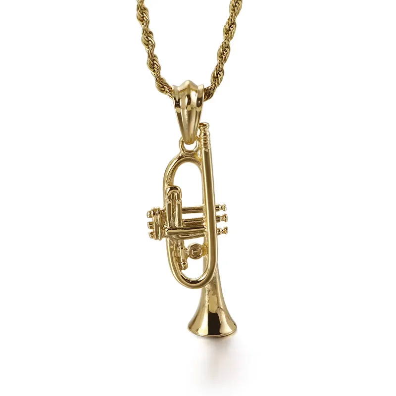 Fongten Men's Stainless Steel Pendant Microphone Trumpet Bugle Saxophone Musical Instruments Necklace For Women Men Jewelry