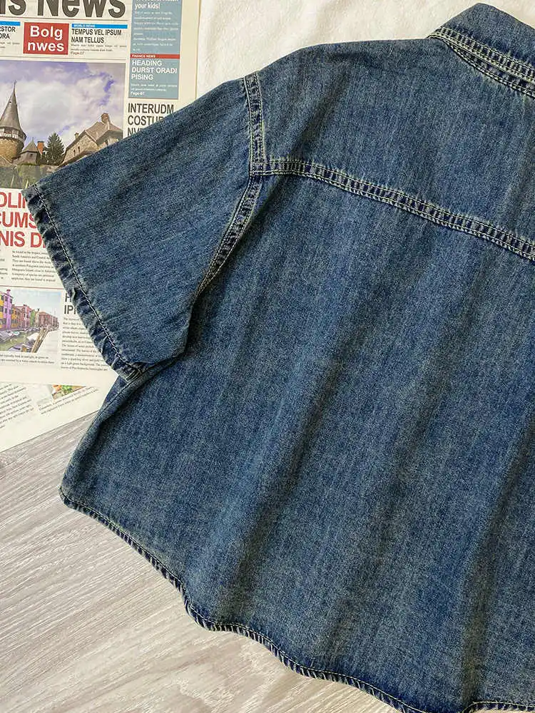 Neue Sommer frauen Denim Tops Einfarbig Lose rundhals Kurzen Ärmeln Große Größe Alle Spiel Einfache Pendeln Mantel