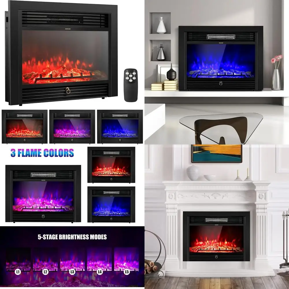 

28.5 Electric Wall-Mounted Fireplace, 750W/1500W, 3 Flame Colors, 5 Heat Settings, Recessed or Freestanding