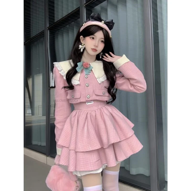 

Korea Style Jk Long Sleeve Suit Sweet Doll Collar Contrasting Colors Patchwork Short Jacket Waist Puffy Skirt Women's Pink Set