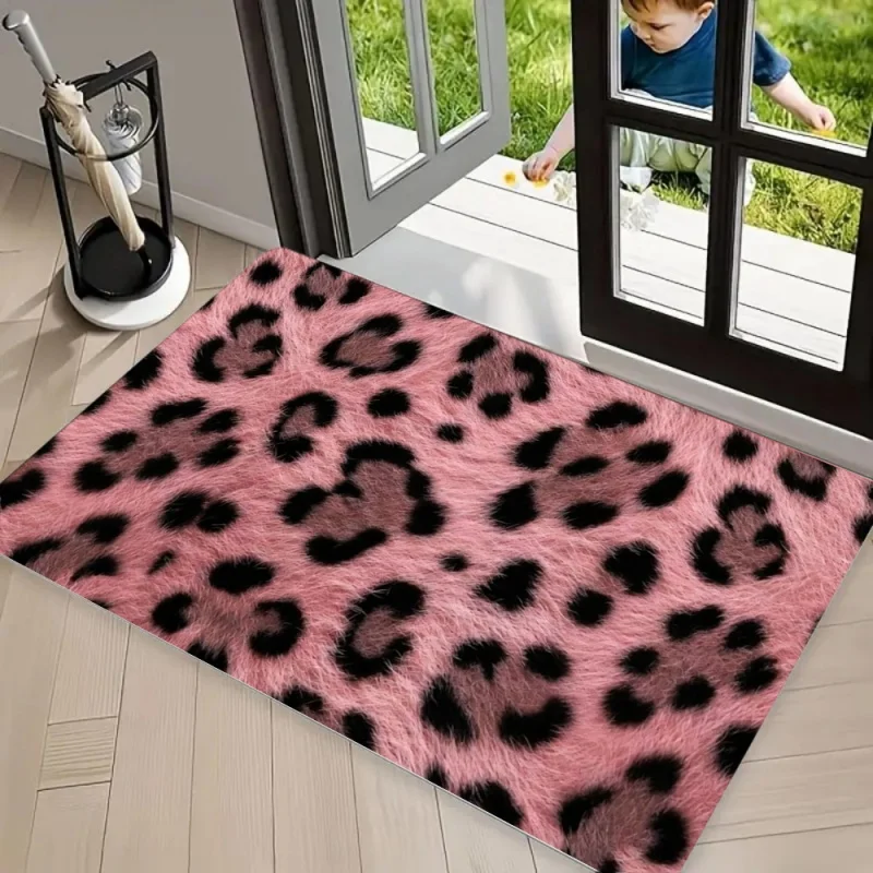 Y2K Gradient Pink Orange Leopard Area Rug Carpet, Non Slip Floor Mat Washable Front Door Doormat Entryway Rug Trendy