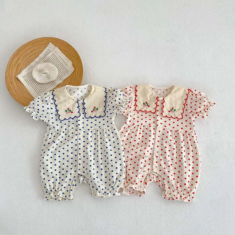 2023 New In Summer Puff Sleeve Dot Embroidery Flower Ruffles Outfits Infant Kids Baby Girls Jumpsuits Newborn Cotton Romper