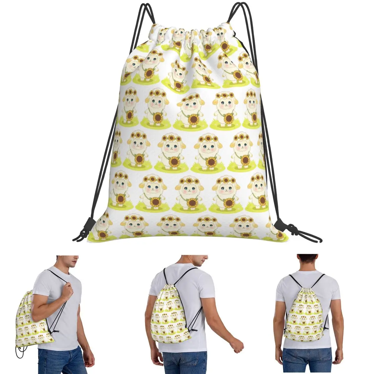 Sunshine Bloom Kawaii Sheep With Sunflower Handbag Backpacks Drawstring Bundle Pocket Sports Bag Book Bags for Travel Students