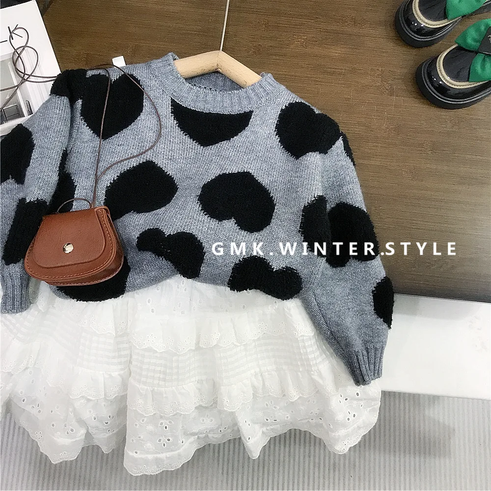 Spring Autumn Children Girl 2PCS Clothes Set Loose Love Print Jacquared Knitwear Outfit Cotton Lace Cake Skirt Little Girl Suits