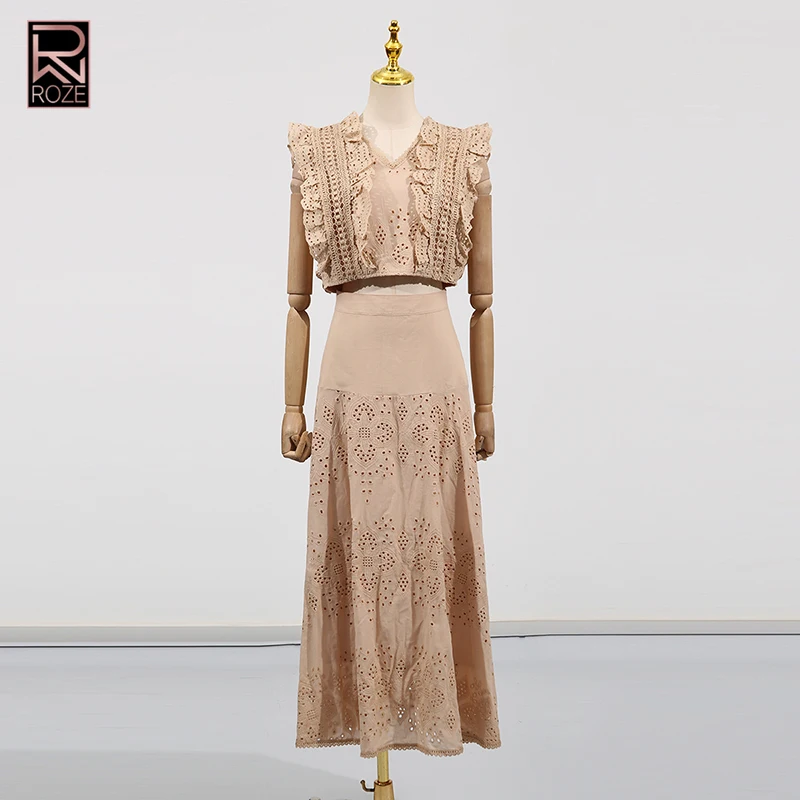 

Элегантный однотонный комплект из двух предметов для женщин, короткий топ без рукавов с v-образным вырезом и высокой талией, свободные длинные юбки, ажурный комплект, женская мода