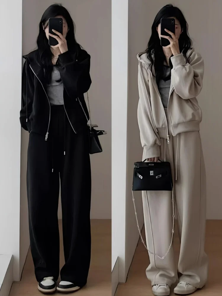 

Fashionable plus Size Women's Outfit Hooded Jacket High Waist Wide Leg Pants Two Piece Set Korean Style Casual Autumn Wear