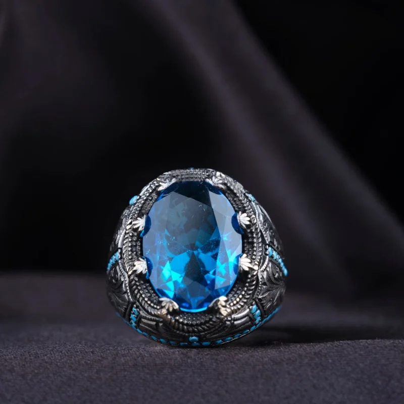 Retro Handmade Turkish Rings for Men Vintage Metal Silver Color Inlaid Blue Zircon Punk Ring Muslim Jewelry