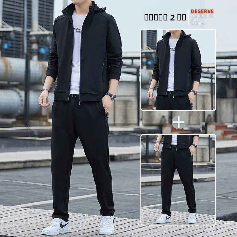 

Мужской повседневный спортивный костюм 2024: весенне-осенний комплект с капюшоном, свободный крой, молодежный, для бега, из трикотажной ткани, с длинными рукавами