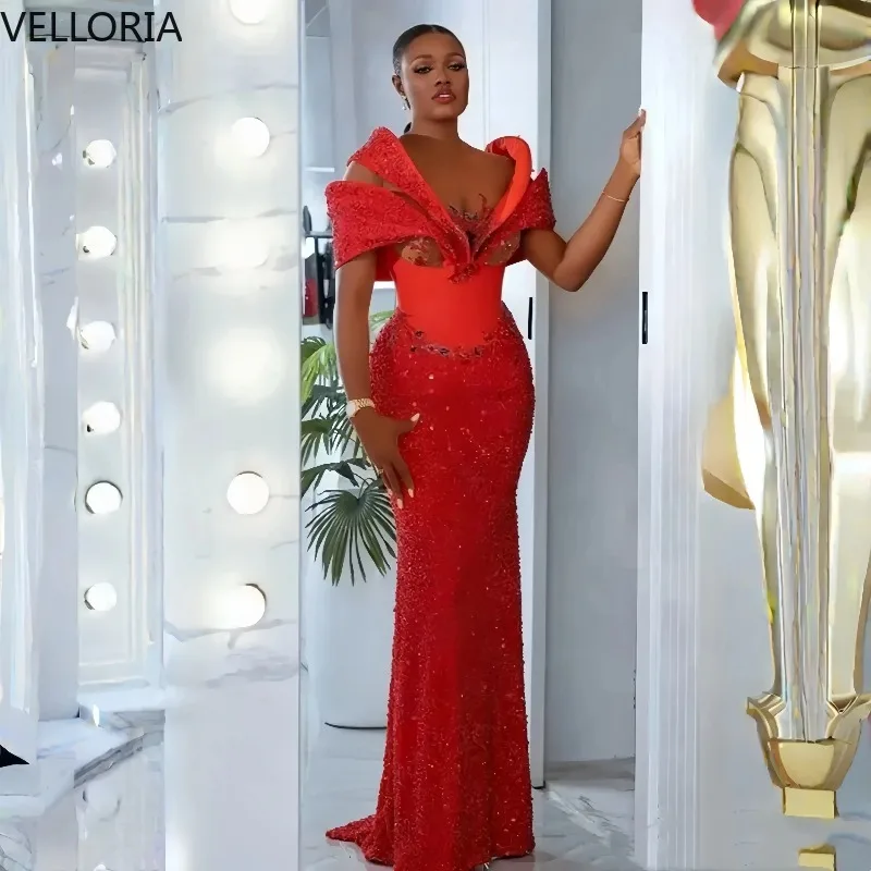 Luxuriöses Rotes Funkelndes Meerjungfrauen-Abendkleid, Formelles Geburtstagskleid für Afrikanische Schwarze Frauen, Zweites Empfangskleid, Maßanfertigung