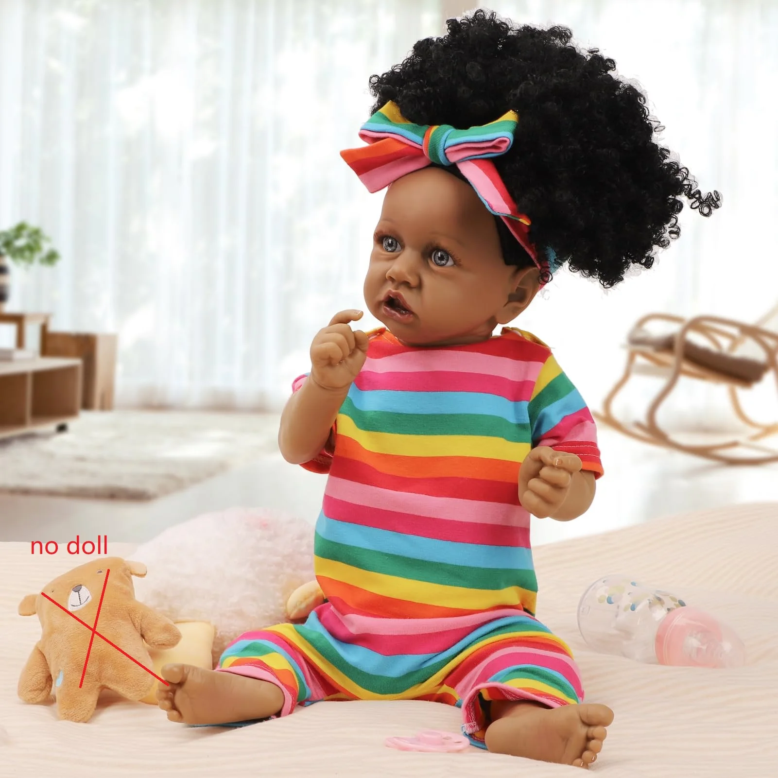 

22 Inch Black Vinyl Reborn Baby Doll, Rainbow Outfit, Collector's Edition, Afro Hair, Posable Body, Realistic Skin, Color Box