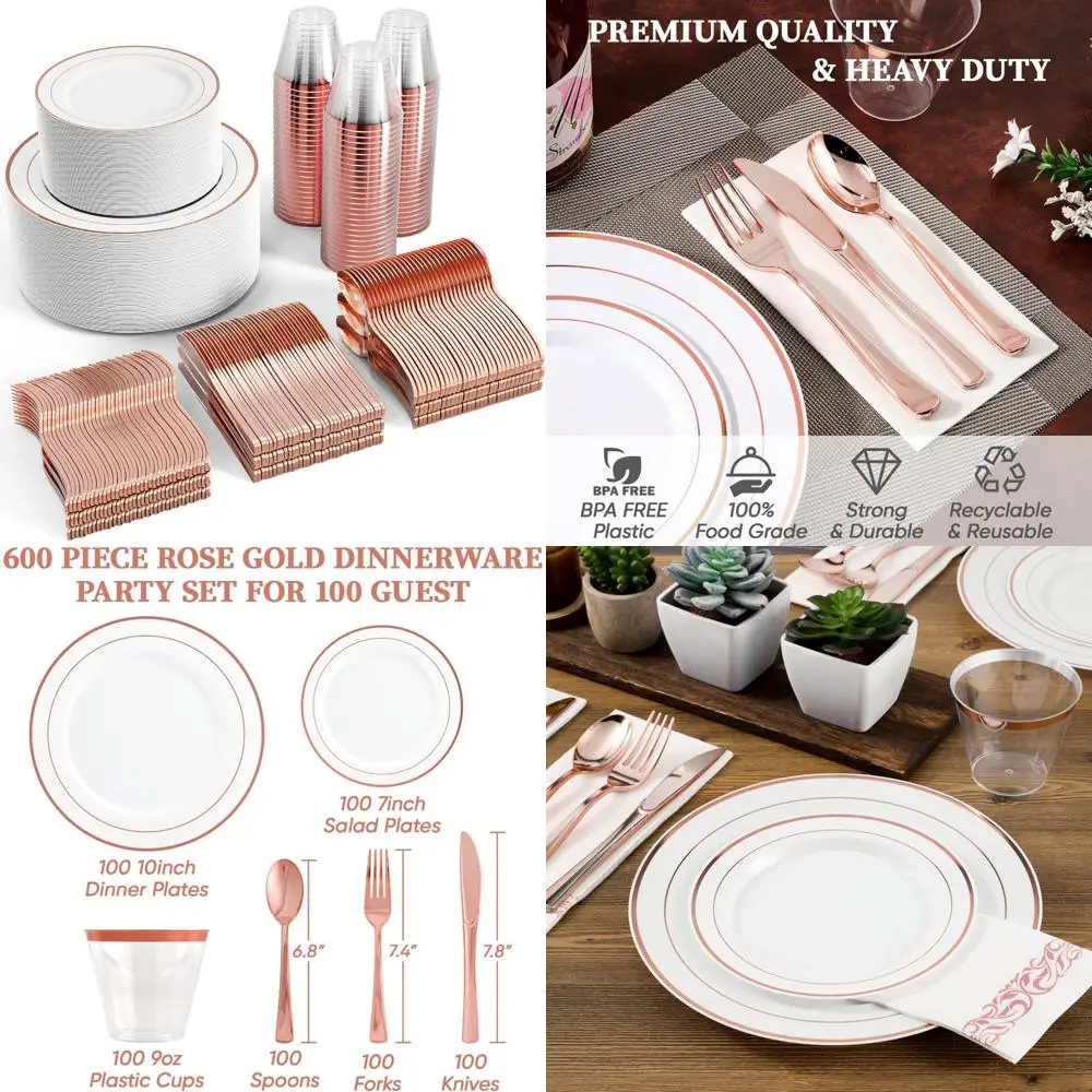 

Набор одноразовой столовой посуды с розовой золотой оправой на 100 штук, пластиковые тарелки с вариантами ужина и салата