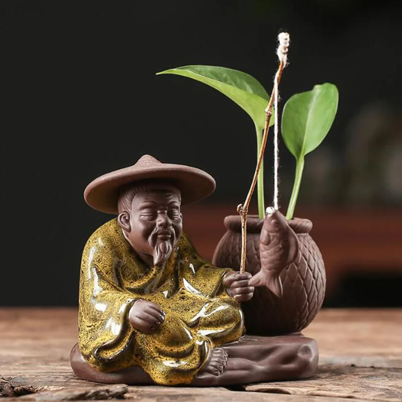 

Purple Clay Old Man Fishing Flowerpot Tea Pet Plant Pot Hydroponic Plants Vase Desktop Ornaments Garden Home Decor