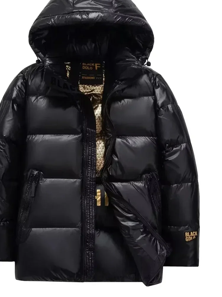 Jaqueta puffer impermeável com capuz para homens e mulheres, sobretudo de pato, casaco de penas preto e dourado, roupa de neve para casal, inverno
