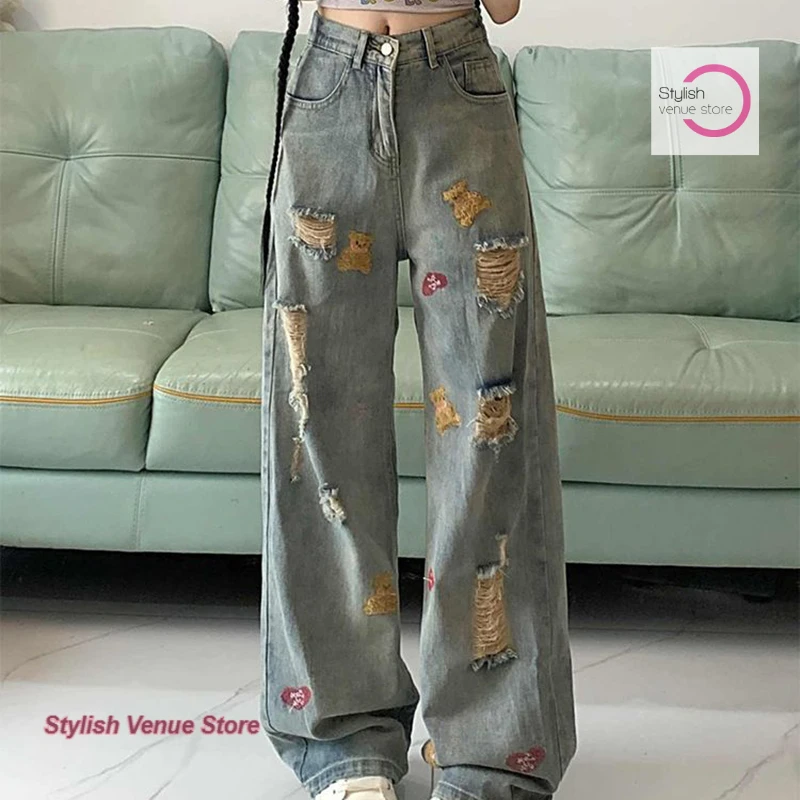 

Джинсы с дырочками в корейском стиле, женские весенне-осенние новые модные широкие прямые брюки с высокой талией и тонким дизайном.