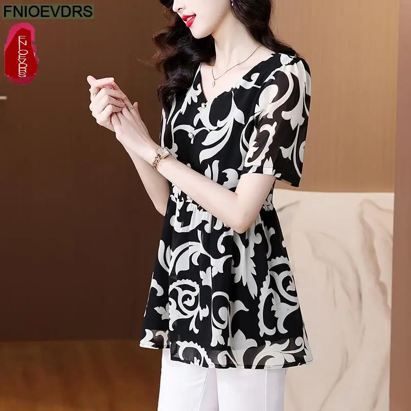 L-5XL Loose Clothes 2024 Women Summer Elegant Ruffles Button Shirts Retro Patchwork Black Floral Tunic Peplum Tops And Blouses