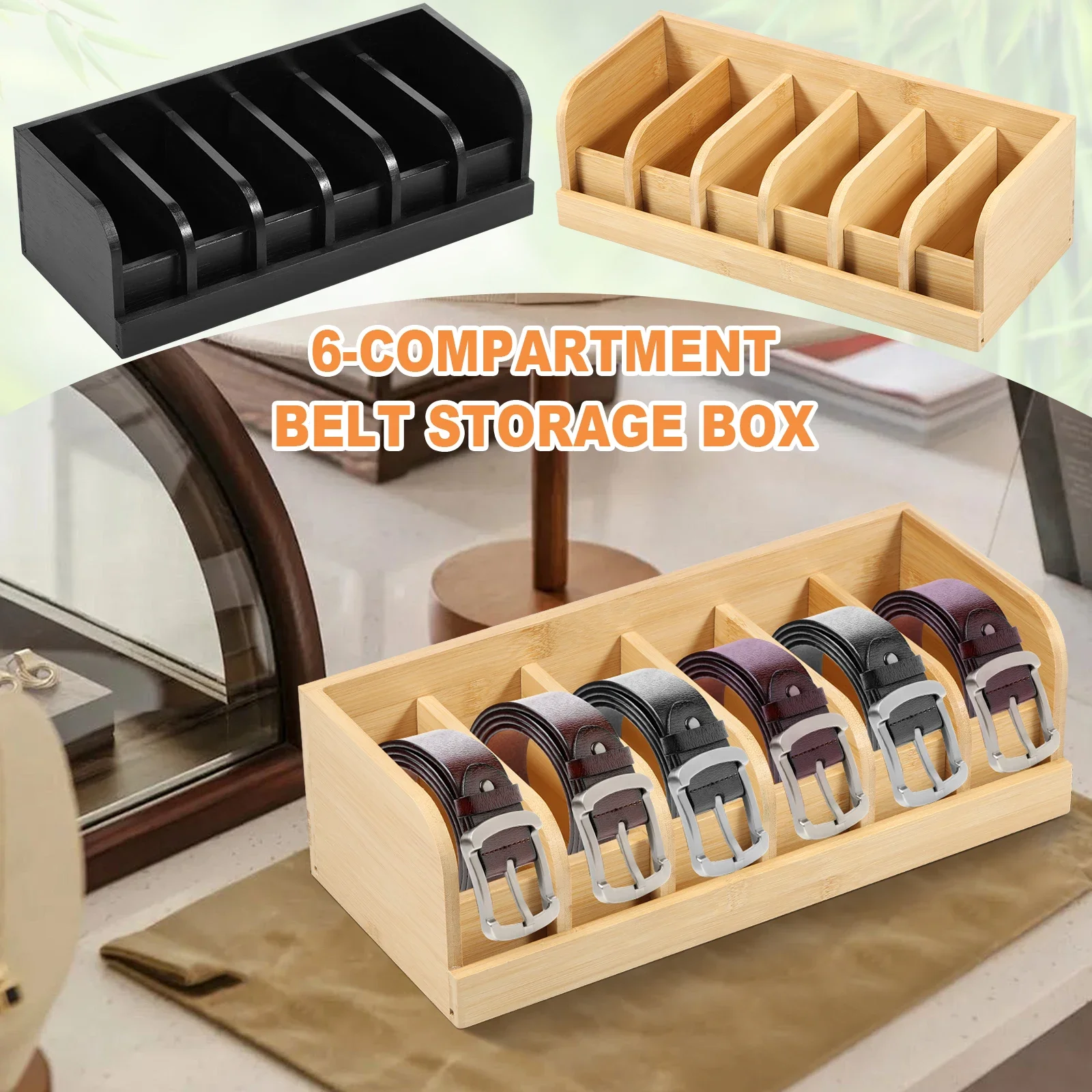 Bamboo 6 Grids Belt Organizer Tie Storage Box Watch Storage Display Box Wardrobe Accessories Supplly Storage Box for Men Women
